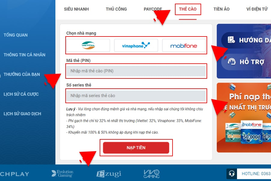 Nạp tiền qua thẻ cào điện thoại