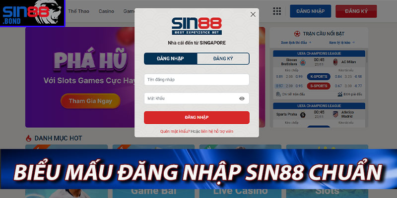 Nhập thông tin vào biểu mẫu đăng nhập sin88